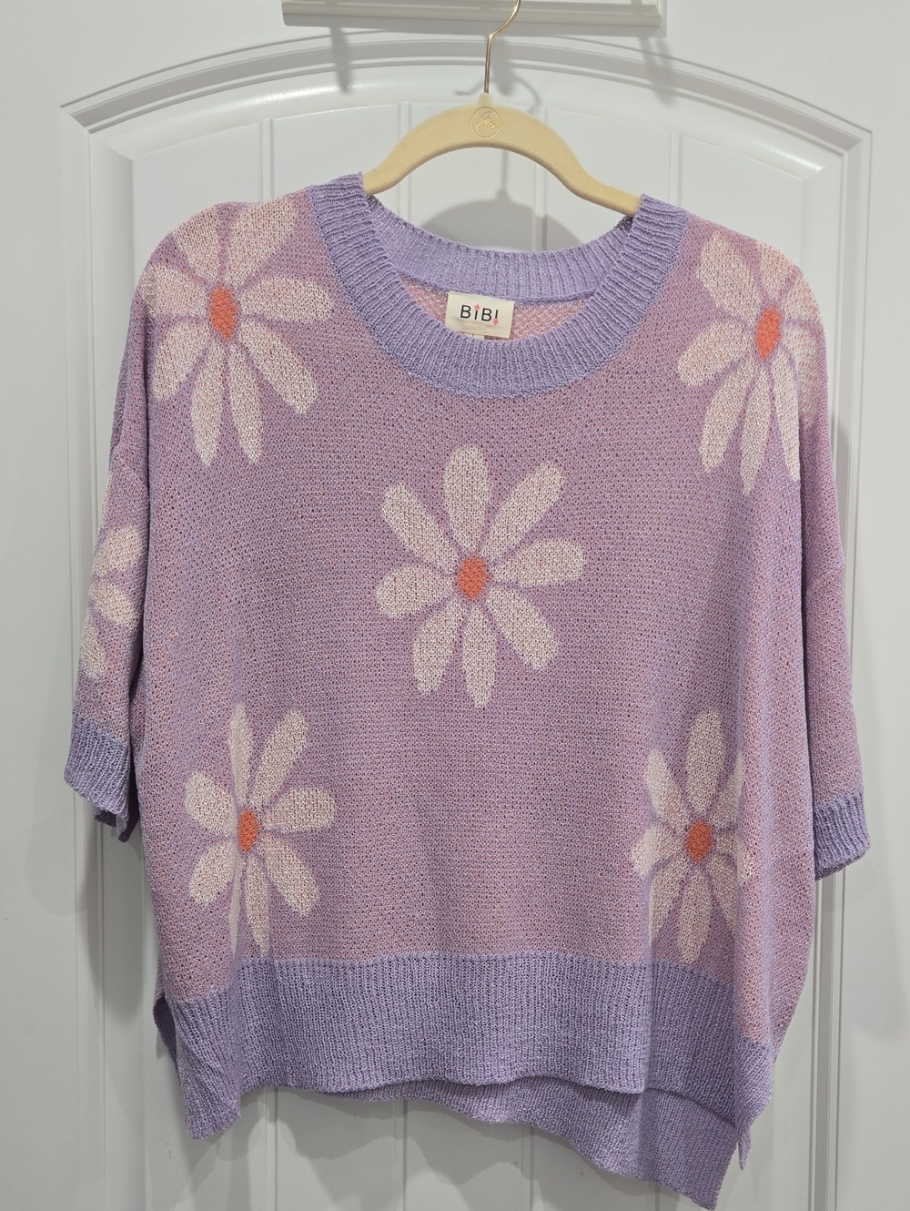BiBi Lavender Daisy Knit Top with Cream & Orange Floral Accents